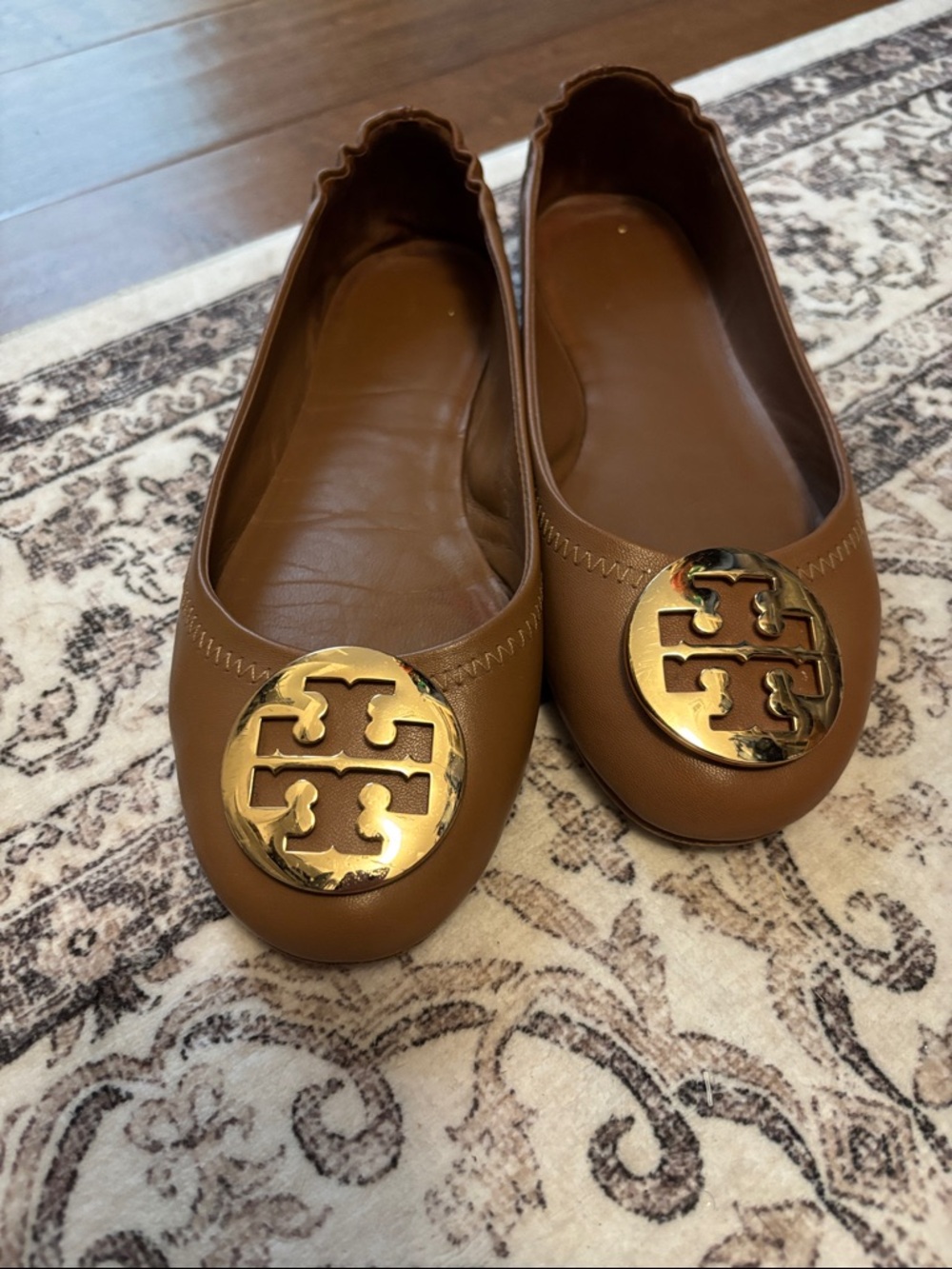 Tory Burch Tan Leather Ballet Flats with Gold Logo Medallion